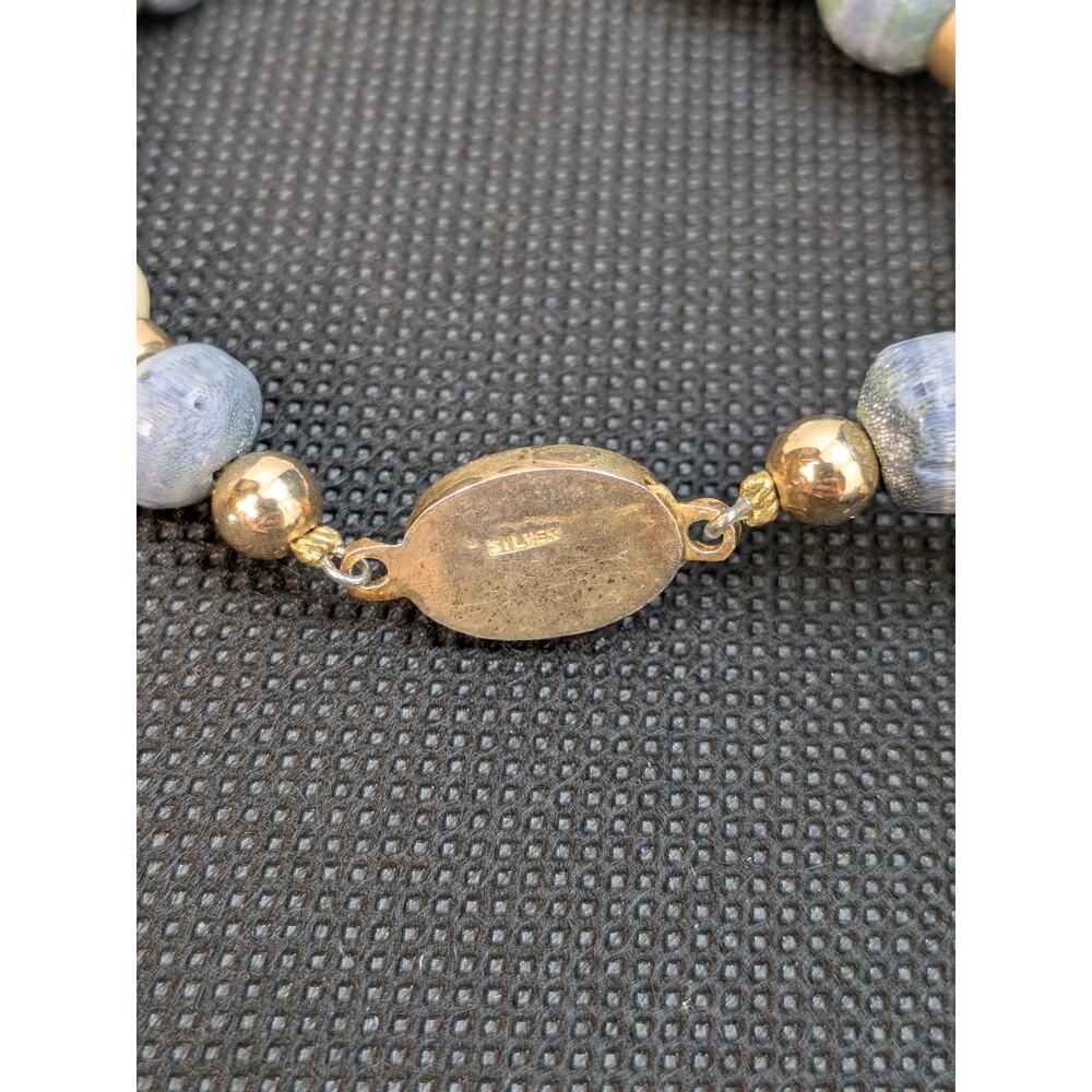 Asian Long Ivory Colored Blue Bead Necklace Oval Pendant 30.5" & "Silver" Clasp - Picture 7 of 8